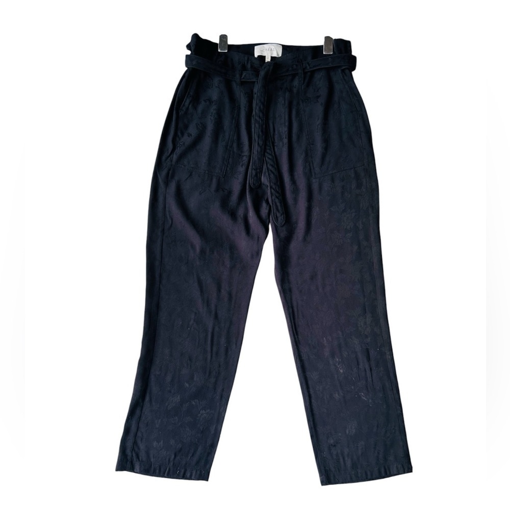 The great pants black printed trousers belted high waist floral jacquard